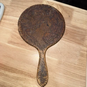ANTIK? Vintage Pyrographie Holz abgeschrägtes Glas Handspiegel Frau schön viktorianisch - Bild 1 von 13