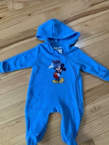 MICKEY MOUSE Hooded Fleece One Piece Light Blue Color Full Zip Sz 3/6 Mo Infant - Picture 1 of 4