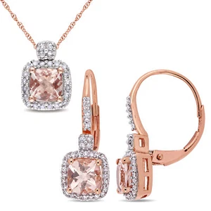 Amour 10K Rose Gold Diamond & Morganite LeverBack Earrings, Pendant & Chain Set - Picture 1 of 5