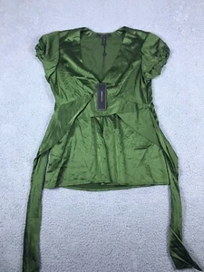 NEW BCBGMaxazria Top Womens Small Green Woven Silk Wrap Tie Waist Cap Sleeves - Picture 1 of 9