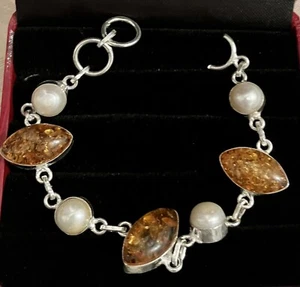 Faux Amber & Faux Pearl Silver Plated Toggle Bracelet - Picture 1 of 4