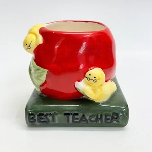 Houston Harvest Best Teacher 4" Red Apple/Bookworm Ceramic Pencil Desk Cup Gift - Picture 1 of 14