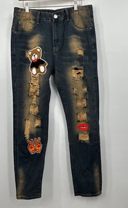 Jeans unisex patchwork invecchiato elasticizzato denim taglia 32 toppa orsacchiotto - Foto 1 di 5