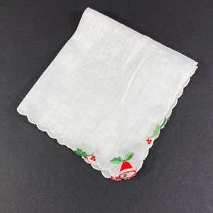Christmas Handkerchief White Cotton Lawn Holly Bell Embroidery Hanky 10x10" Vtg - Picture 1 of 7