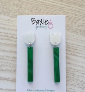 Acrylic Tulip Flower Dangle Earrings, Surgical Steel Stud, Green, Pearl White - Picture 1 of 4
