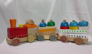 All Wooden Pull-A-Long 3-car Toy Train with Shapes Pieces to stack on Train Cars - Picture 1 of 6