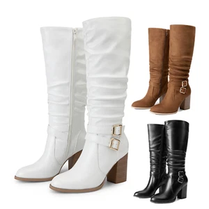 Women Knee High Boots Slouchy Chunky Heel Buckle Side Zipper Long Boots - Picture 1 of 22