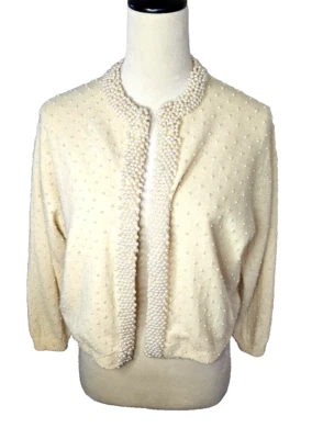 Vintage 1950s Lambs Wool Hand Beaded Cream Colored  Lined - Image 1 of 4