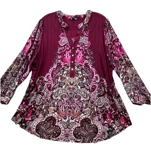 Roz & Ali Top Blouse Womens 2X Purple Floral Boho 3/4 Sleeve Jersey Knit Pleated - Picture 1 of 13