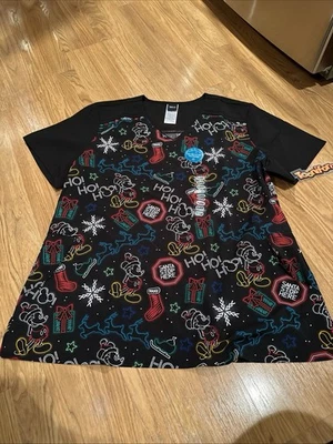 Disney Scrub Top Sz Xl Mickey 2 Pocket Tooniforms Santa Stop Here Unisex - Image 1 of 4