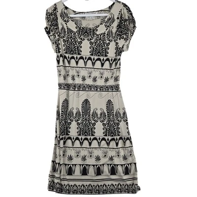 Vestido Chetta B Mujer Talla 10 Negro Beige Seda Manga Corta Estampado Boho Clásico Foto 1 de 4