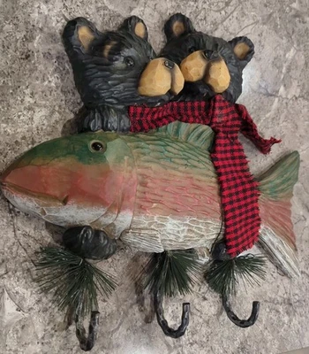 Two Bears Holding A Fish Rustic Wall Decor With Three Hooks For Den/BR Resin Vtg - Image 1 of 4