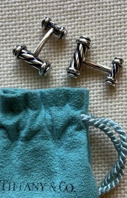 Tiffany & Co Silver Blue Enamel Column Cufflinks with Pouch Classic Gift - Image 1 of 4