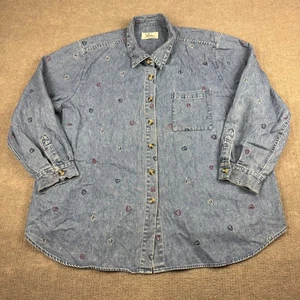 Vintage CJ Banks Denim Shirt Women XL Embroidered All Over Hearts Button Up 2002 - Picture 1 of 16