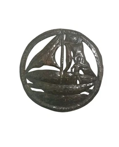 Tambor de acero reciclado pintado a mano BARCO Y PESCADOR arte de pared Haití 13,5" NUEVO - Imagen 1 de 5