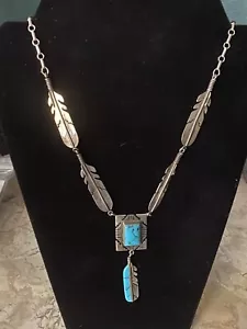 Silver Cloud Signed Sterling Silver~Turquoise Feather Pendant~Necklace~~45.3 g. - Picture 1 of 4