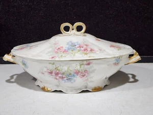 Antique Theodore Haviland Limoges COVERED VEGETABLE Schleiger Blue Pink Flowers - Picture 1 of 11