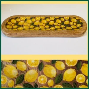 LEMONS AND LEAVES Wood Serving Tray Charcuterie Cheese Crackers Plate 🍋 - Picture 1 of 6
