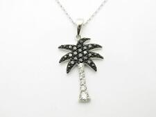 Platinum Sterling Silver Black & White Sapphire Palm Tree Pave Necklace Gift
