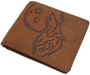 Büffel-Vollleder Geldbörse Geldbeutel Portemonnaie Wolf Motiv RFID Schutz Cognac - Bild 1 von 4