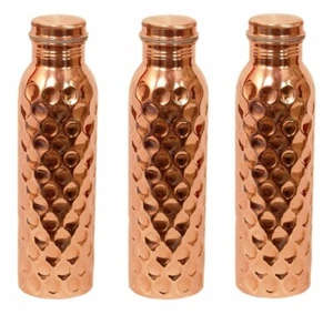 Copper Water Bottles Diamond Cut Jointless 900 ml Pack of 3 - Picture 1 of 2