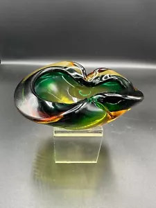 MURANO ITALY MCM MID CENTURY MODERN POLI SOMMERSO CANDY DISH ASHTRAY GREEN AMBER - Picture 1 of 13