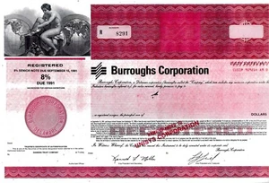 Burroughs Corporation (UNISYS), 8% Senior Note due 1991 (Blankette) - Bild 1 von 1