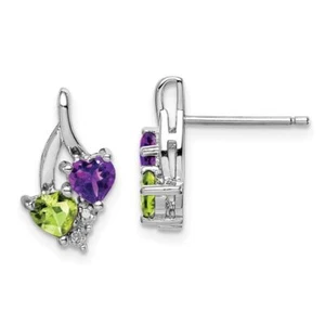 925 Sterling Silver Amethyst Peridot Diamond Heart Dangle Earrings - Picture 1 of 5