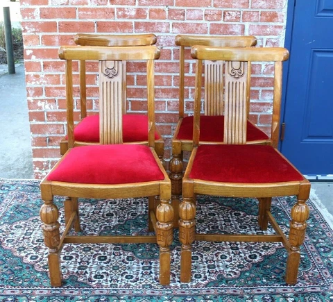 Set of 4 English Antique Oak Art Deco Chairs | Dining Room Furniture ~ Red ~ Cover