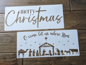 Set Lot 2 Merry Christmas Nativity Stencil 14x5.5" Diy Pillow Art Tote - Picture 1 of 3