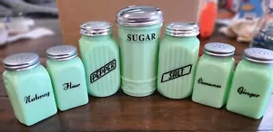 VINTAGE JADEITE REPRODUCTION ART DECO STYLE SHAKERS - SET OF 7 - Picture 1 of 10