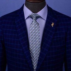 Corbata a cuadros regular estándar de diseñador de lujo a cuadros jacquard gris azul 3" - Imagen 1 de 6