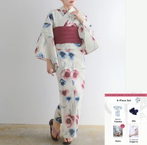 Yukata Sommer Kimono getrennter Typ 4-teiliges Set Schneewittchen Blumen Japan - Bild 1 von 6