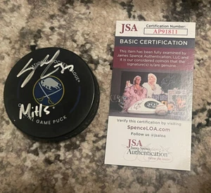 Casey Mittelstadt Signed Buffalo Official Game Puck Mitts Inscription JSA COA - Picture 1 of 2