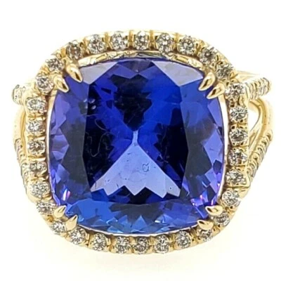 10CT Tanzanite AAA Diamond Ring 18K Yellow Gold Natural Cushion Cut Brilliant - Image 1 of 4