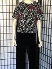 Warehouse Top Size 10 Black Maroon Floral Top & Beales Black Velour Trousers. M.