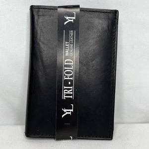 Men's Black YL Tri-Fold ID Window Wallet Genuine Leather 4 1/2 X 3” - Picture 1 of 8