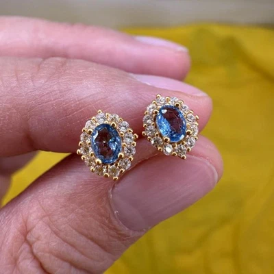 925纯银耳环4x3毫米天然蓝色锆石宝石女士珠宝首饰 — 第 1/4 张图片