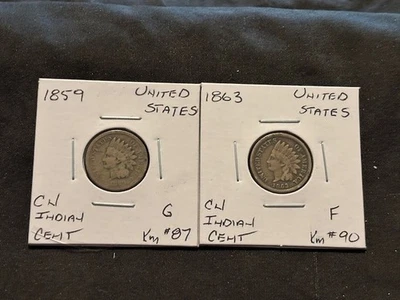 US INDIAN HEAD PENNY 1859 & 1863 2 COIN G/F  LOT  J21 - Image 1 of 2