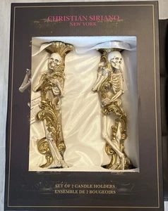 Neu im Karton Christian Siriano Skelett Gold Schwarz Kerzenhalter 12" Halloween Gothic Set - Bild 1 von 6