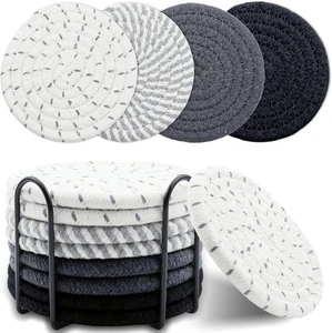 8 Posavasos para Bebidas con Soporte, Posavasos Minimalista Tejido de Algodón Gris Negro - Imagen 1 de 3