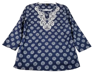 TALBOTS Tunika Oberteil Damen Medium M blau weiß Damast 3/4 Arm Schlitz am Ausschnitt - Bild 1 von 15