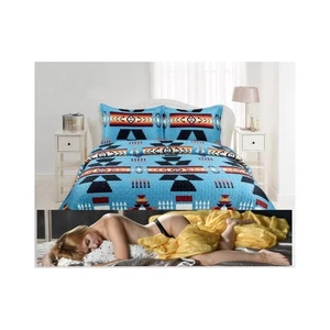 Geometrisches Muster Tagesdecke Queen & King Size Samt Struktur Blau Oversized Quil - Bild 1 von 5