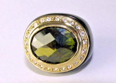 Green Rhinestone Ring Vintage BIG Size 6.5 Band Black Plastic Gold Accent - Image 1 of 4