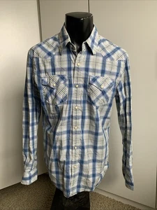 American Eagle men’s size medium vintage fit Pearl Snap blue plaid long sleeve - Picture 1 of 4