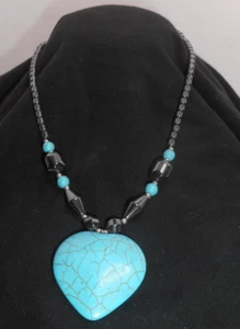 Collar de Plata Colgante Corazón Turquesa Hematita 1 1/2" Piedra Turquesa 17 1/2" - Imagen 1 de 12
