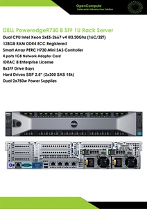 Server Dell PowerEdge R730 8 SSF 2 Xeon E5-2667 V4 @3.2 /128GB BRAM/2x300Go SAS - Photo 1/11