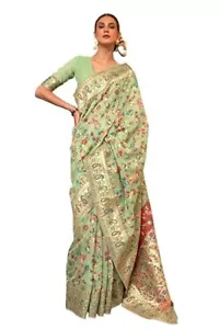 Light Green Kanjivaram/Kanchipuram Banarasi Silk Saree - Picture 1 of 3