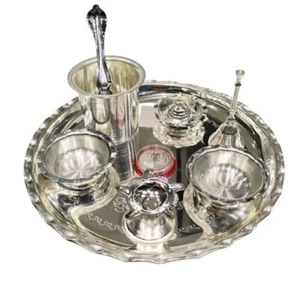 German Silver 9 Items Pooja Thali Set for Housewarming/Festivals - Picture 1 of 2