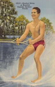 Postal FL: Hombre guapo, esquí descalzo, jardines de ciprés, Florida, años 40 - Imagen 1 de 2